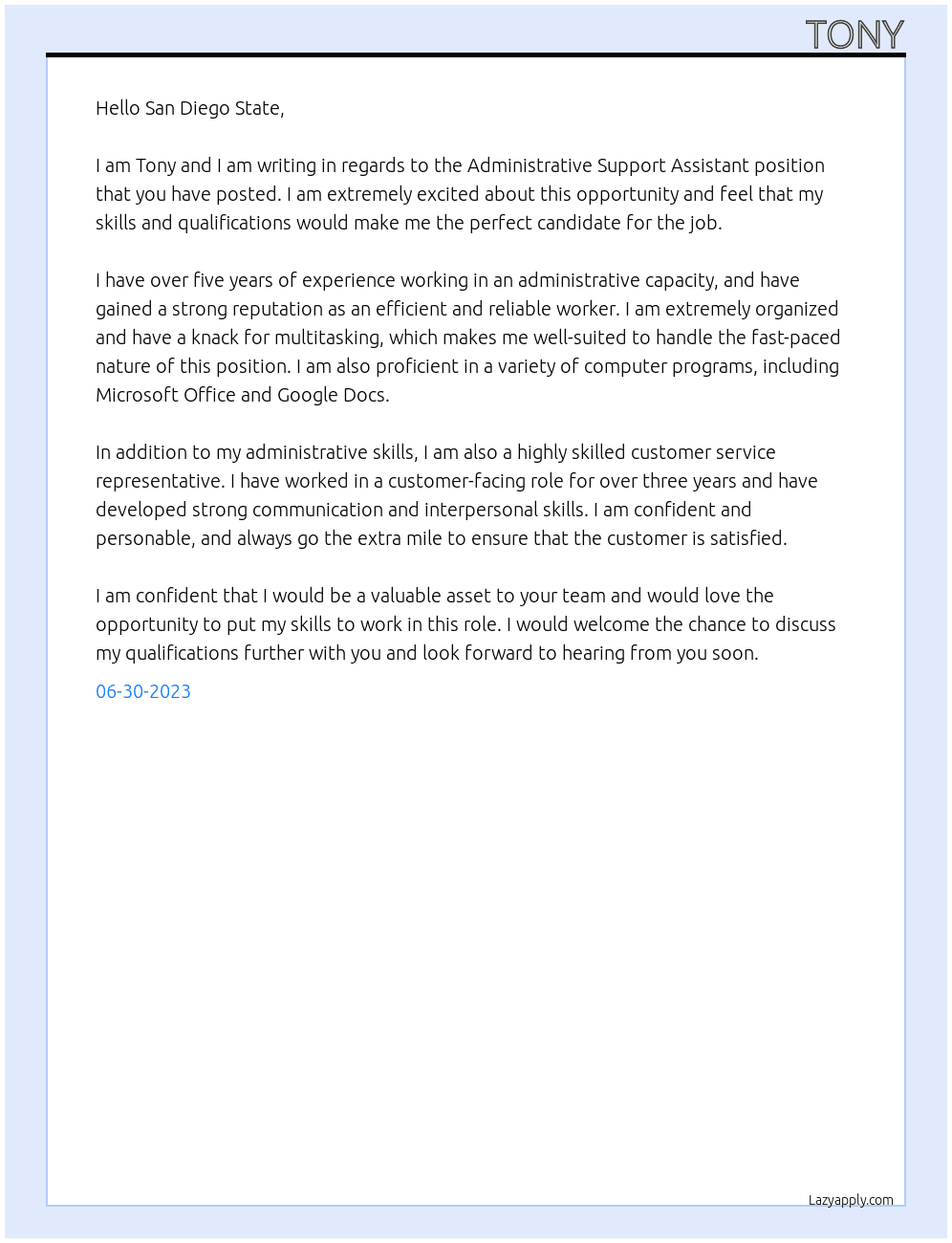 Administrative Support Assistant At San Diego State Cover Letter