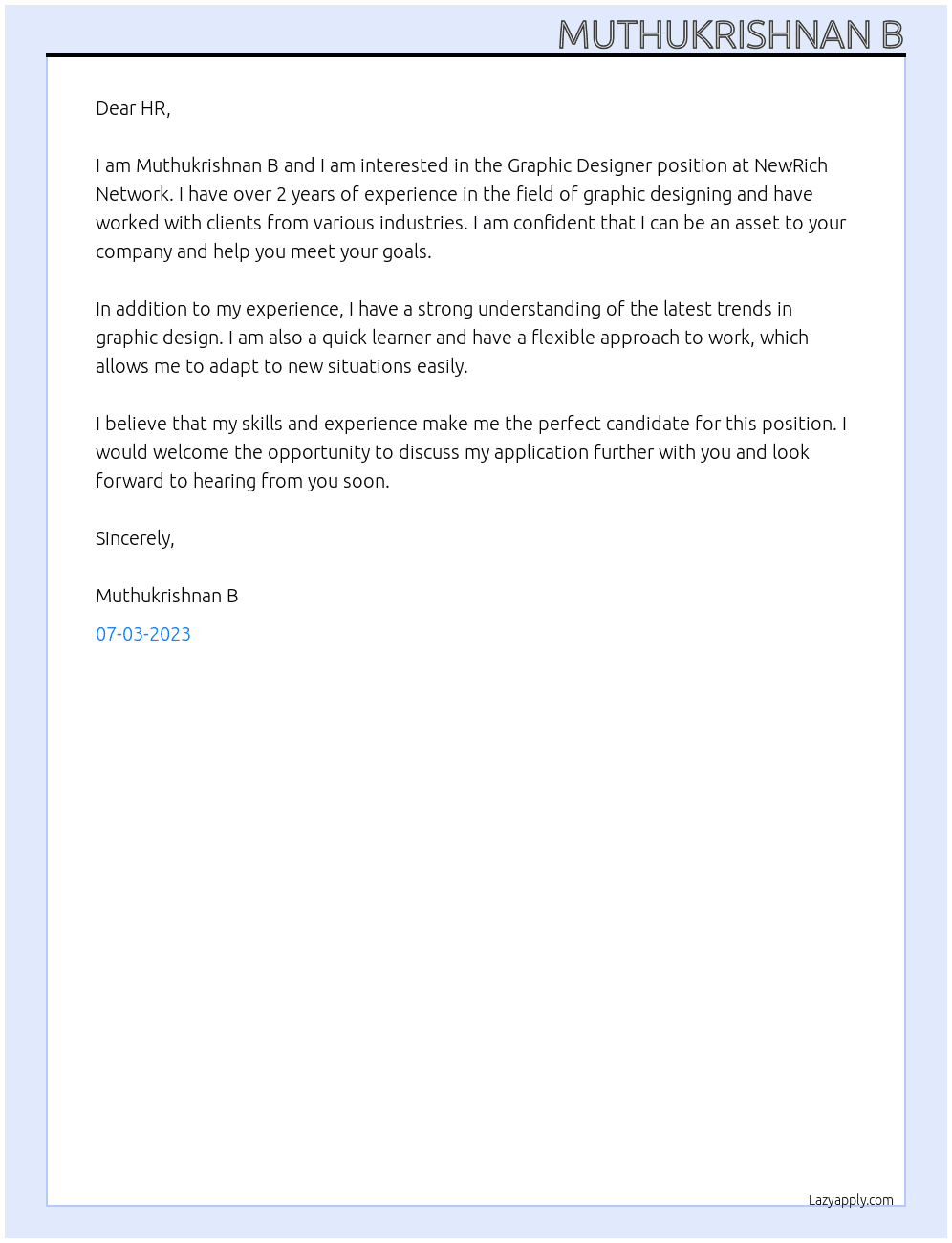 Graphic Designer At NewRich Network Cover Letter