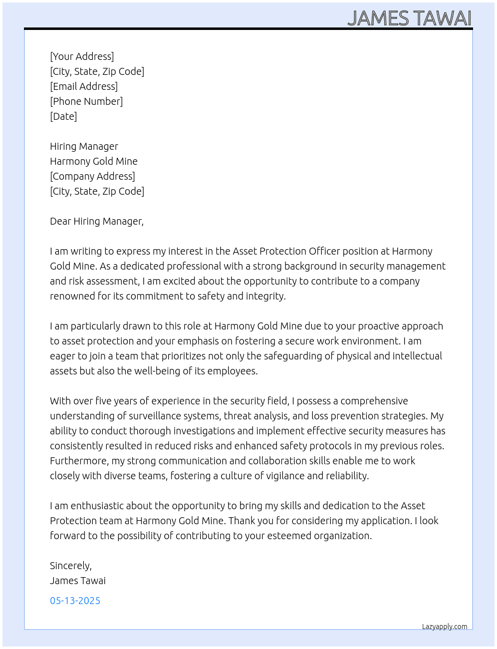 Cover letter for asset protection officer - LazyApply