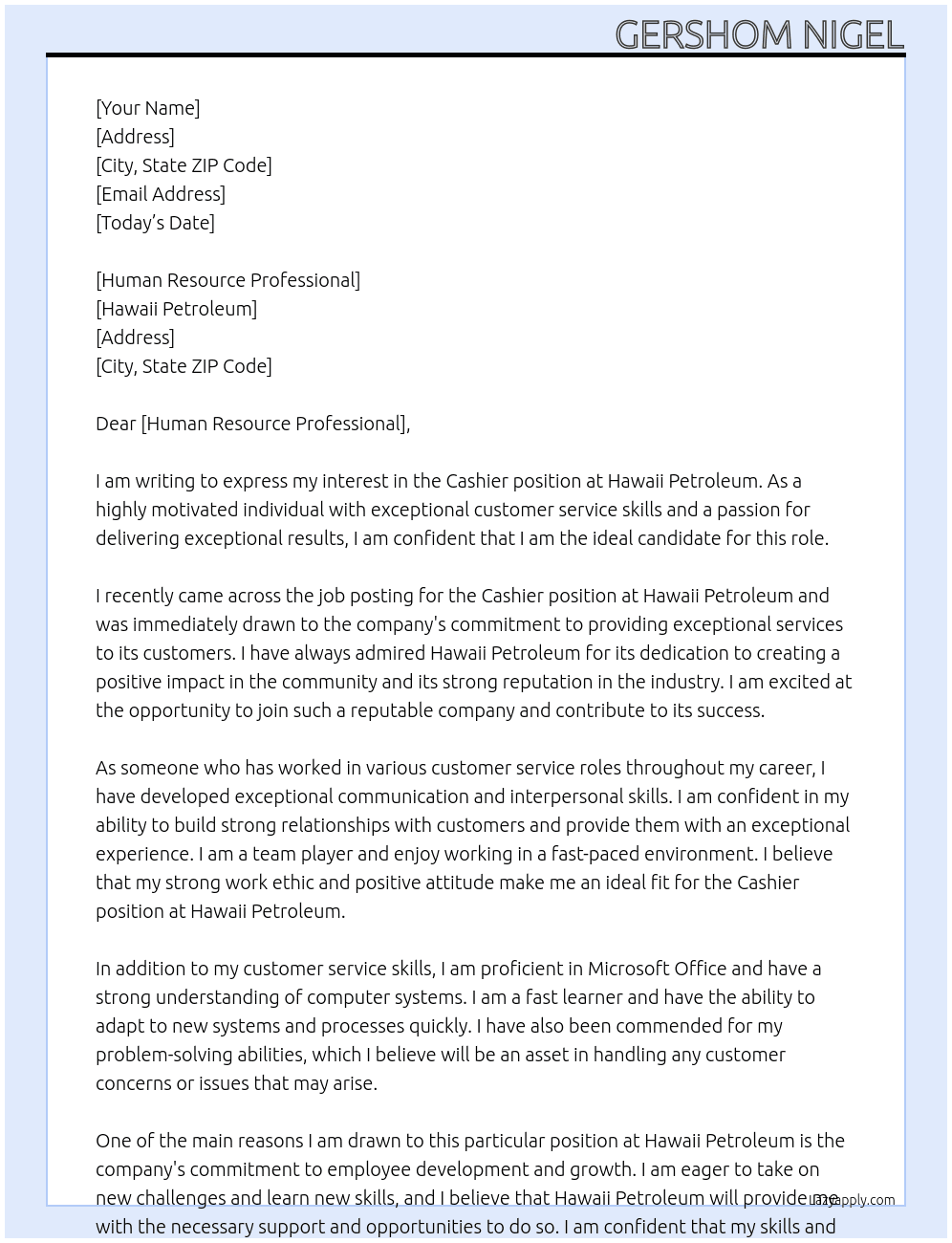 Cashier At Hawaii Petroleum  Cover Letter