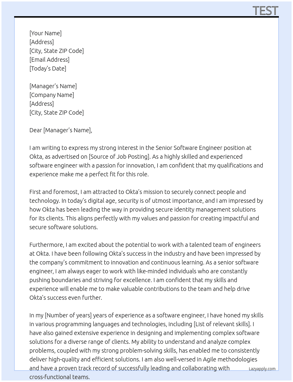 Senior Software Eng At Okta Cover Letter