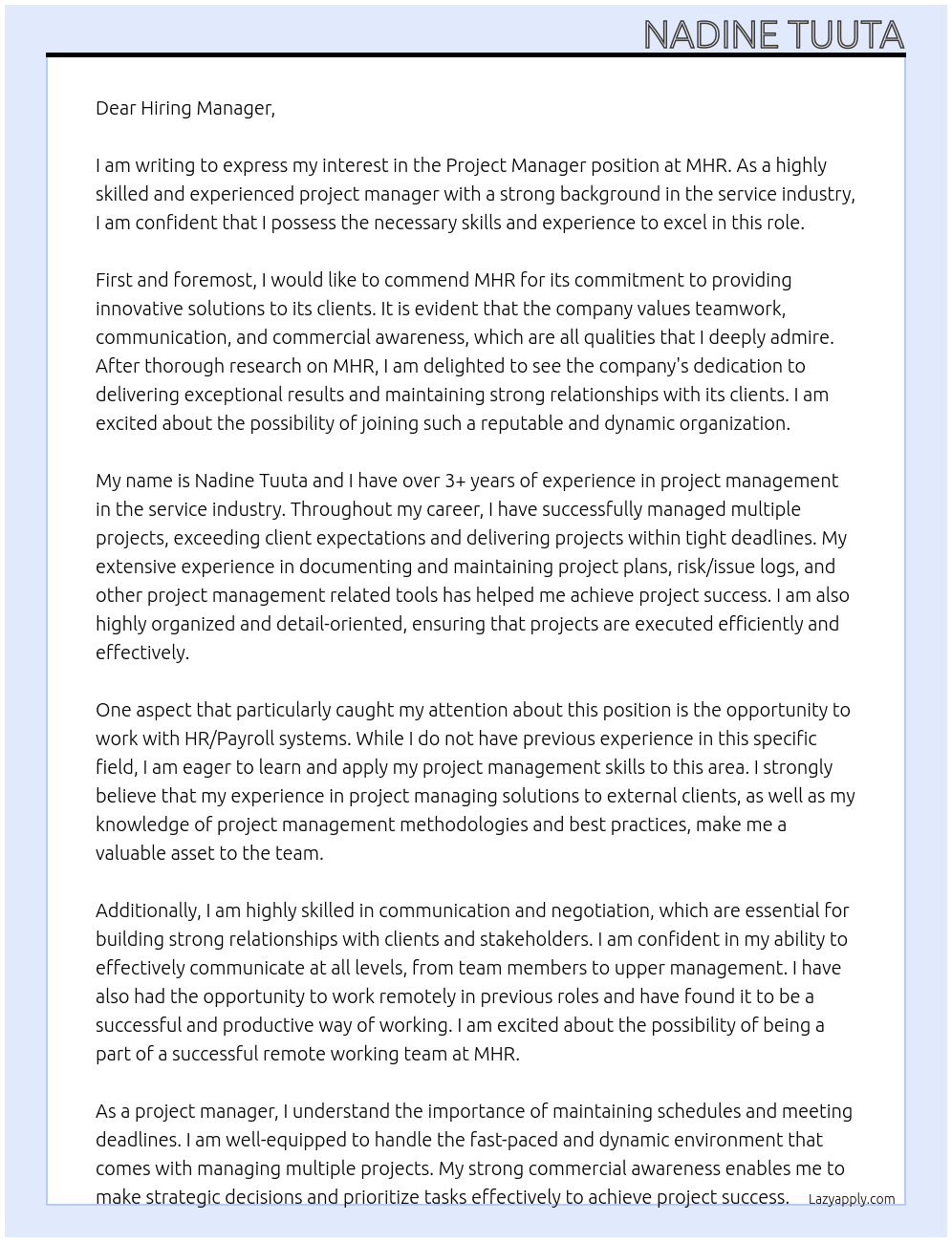 Project manager At MHR Cover Letter