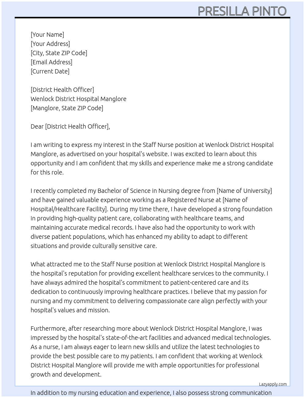 Staff nurse  At Wenlock District Hospital Manglore  Cover Letter