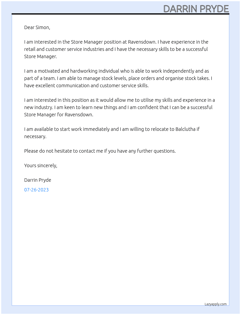 Store Manager At Ravensdown Cover Letter