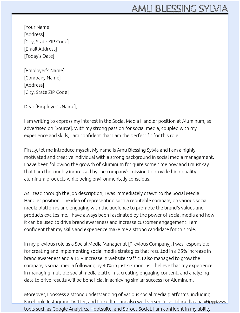 Social Media Handler At Aluminum Cover Letter