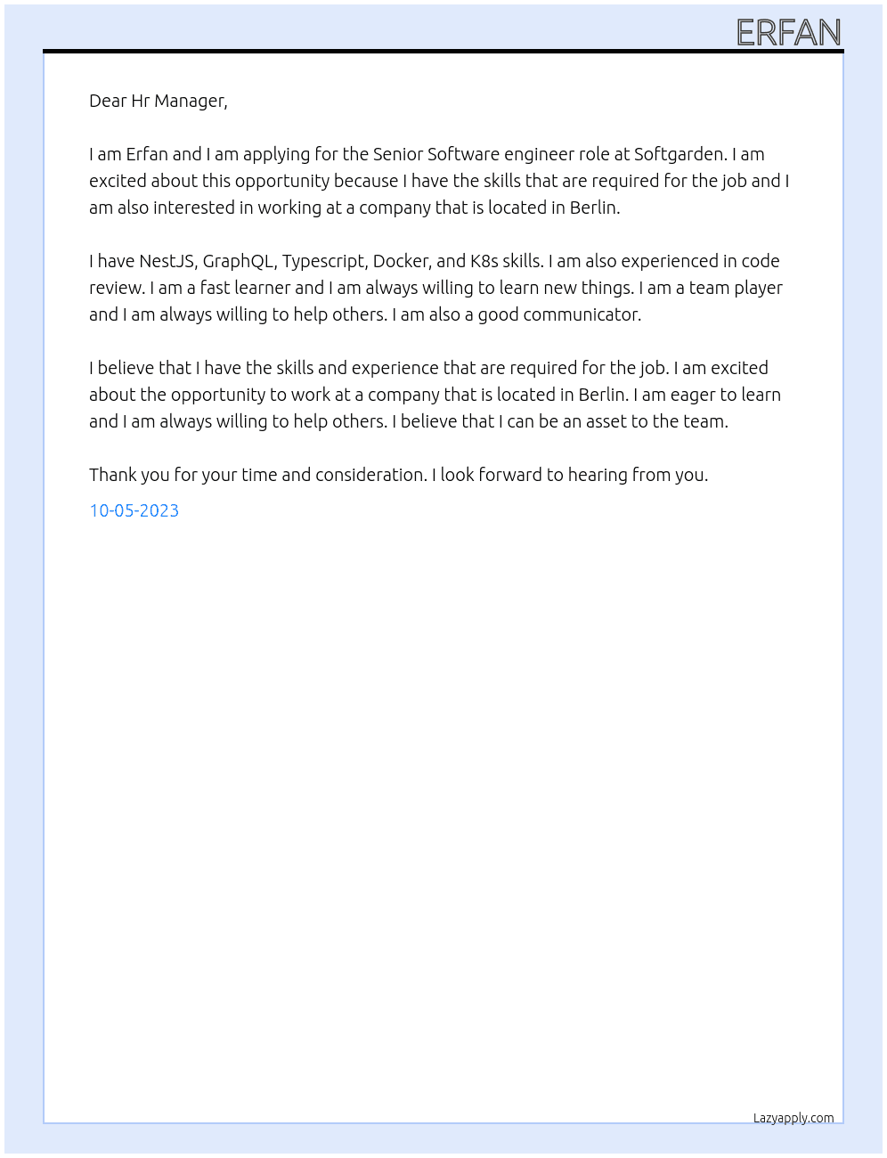 Senior Software engineer  At Softgarden  Cover Letter