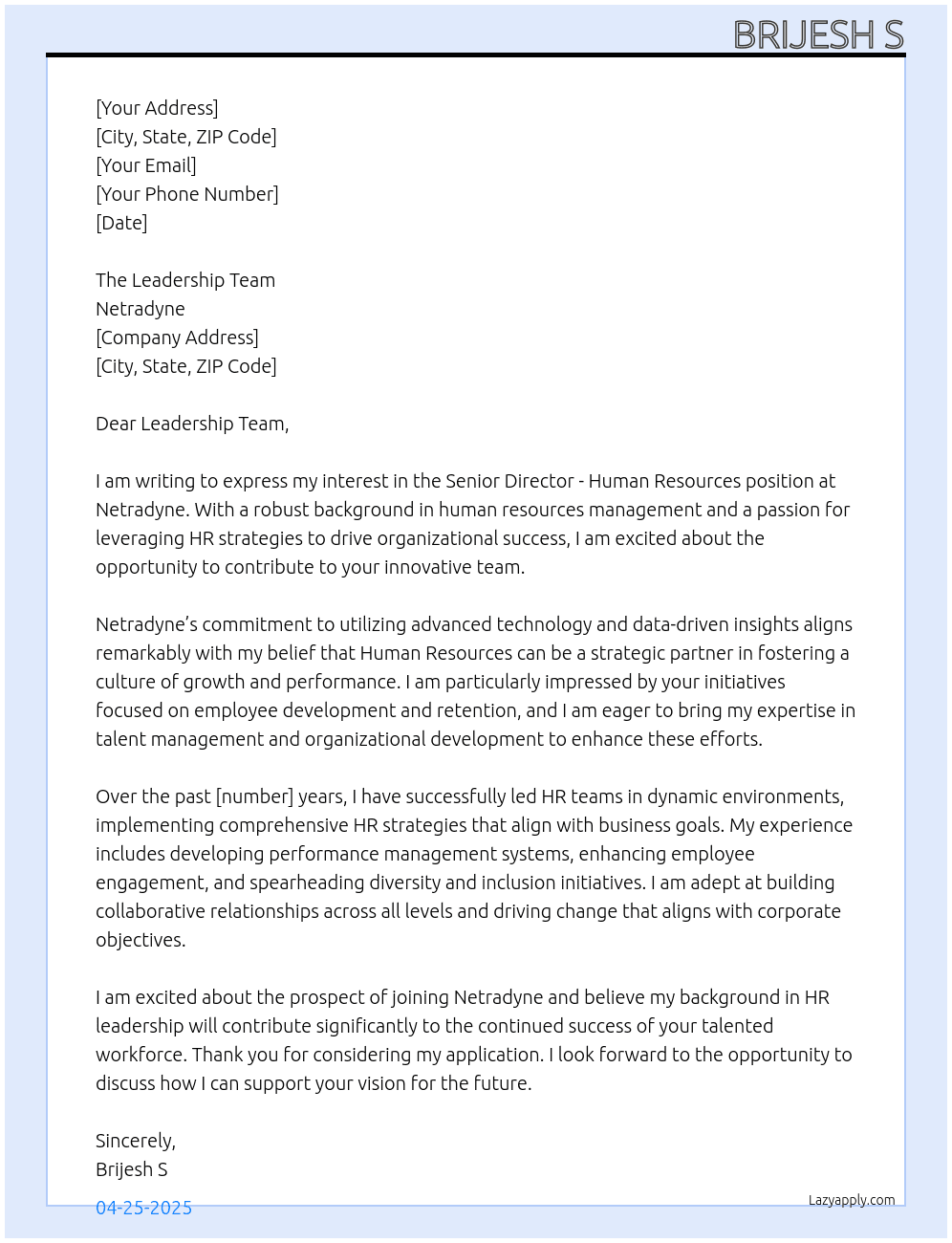 Cover letter for senior director - human resources - LazyApply