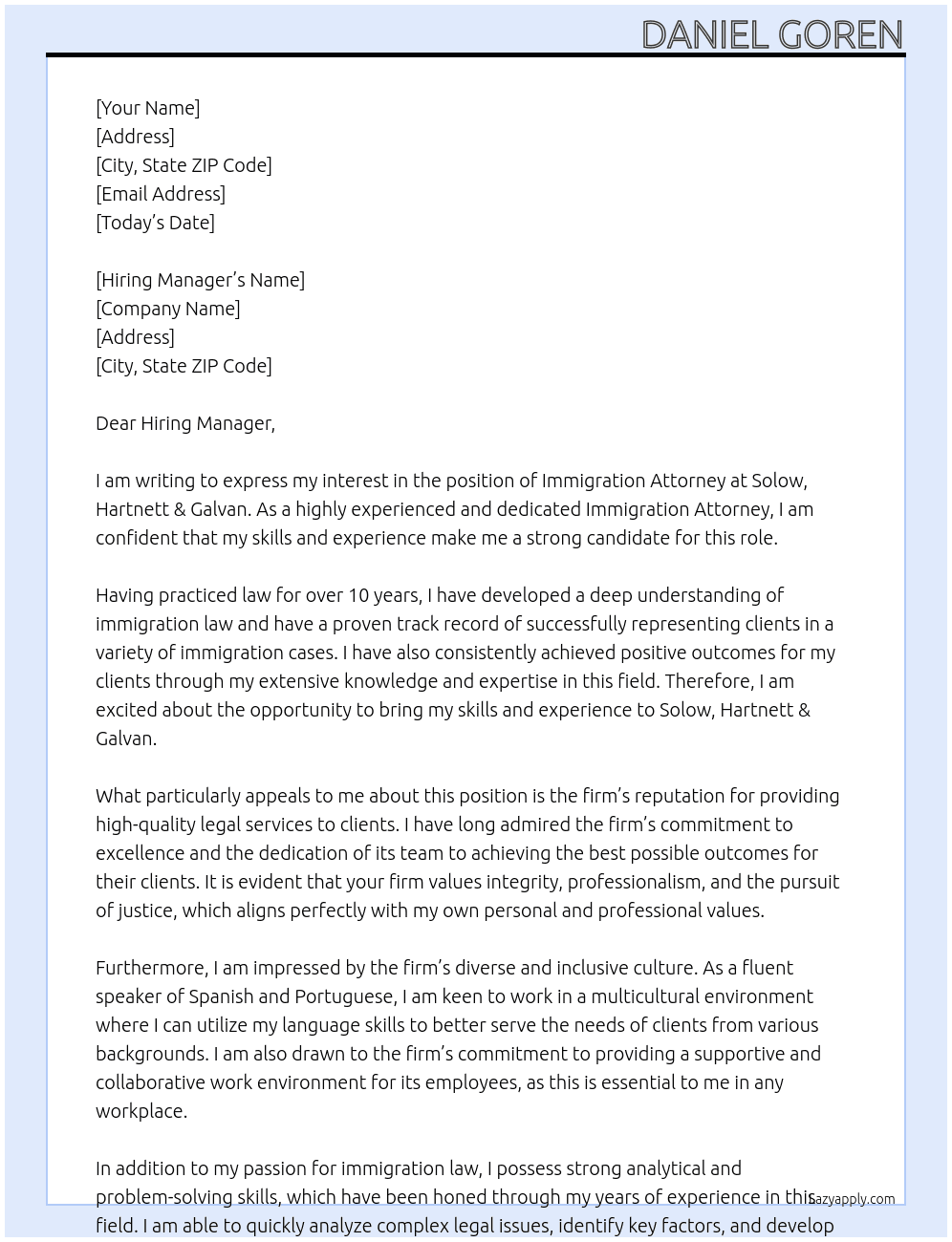 Immigration Attorney At Solow, Hartnett & Galvan Cover Letter