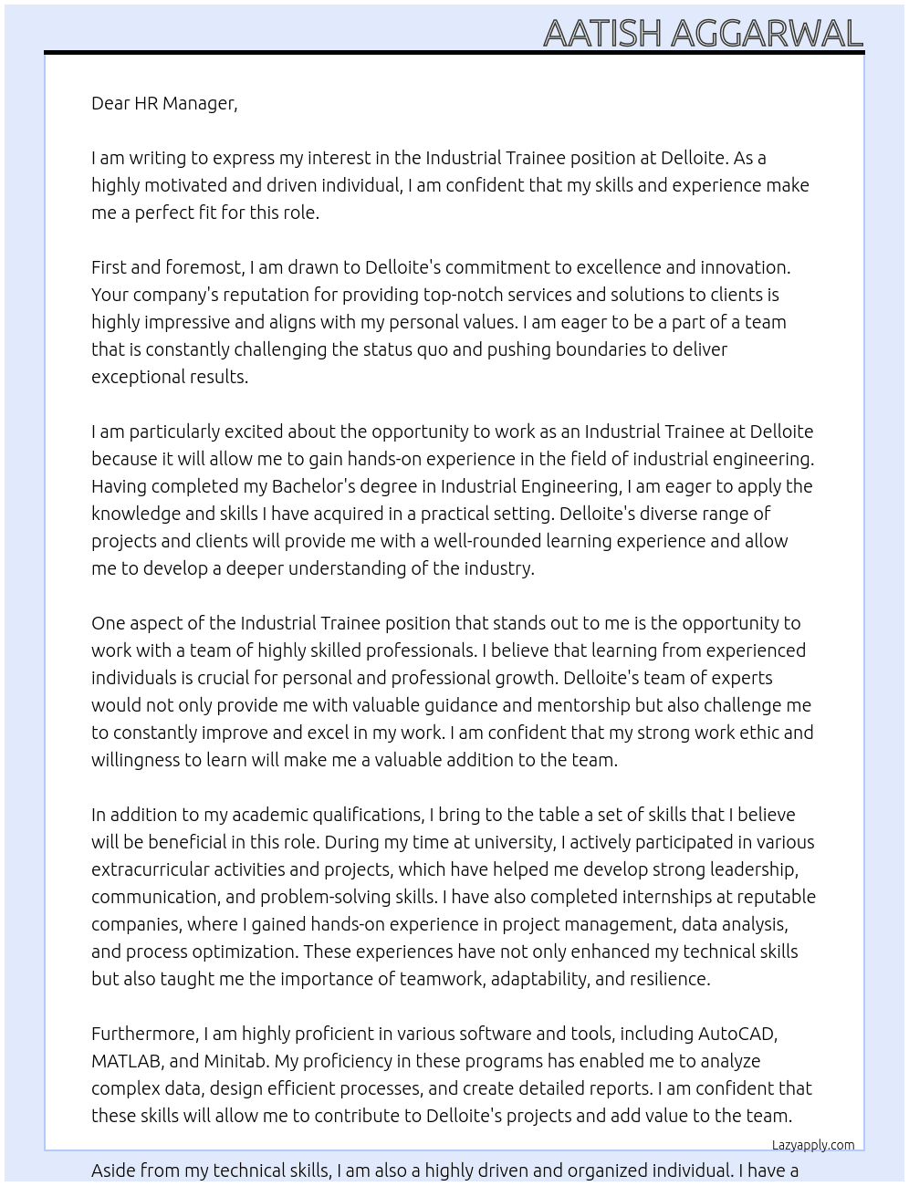 Industrial Trainee At Delloite Cover Letter