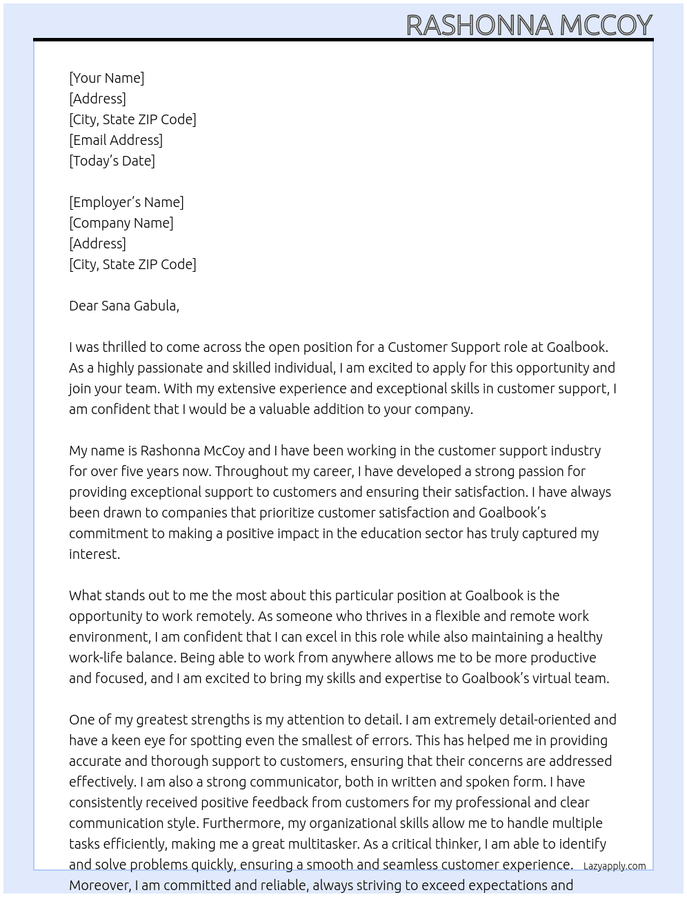 Customer Support At Goalbook  Cover Letter