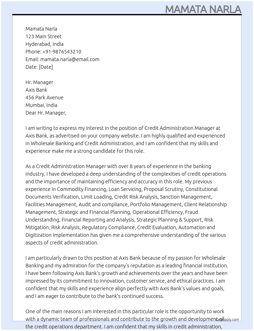 Cover letter for credit administraiton manager - LazyApply