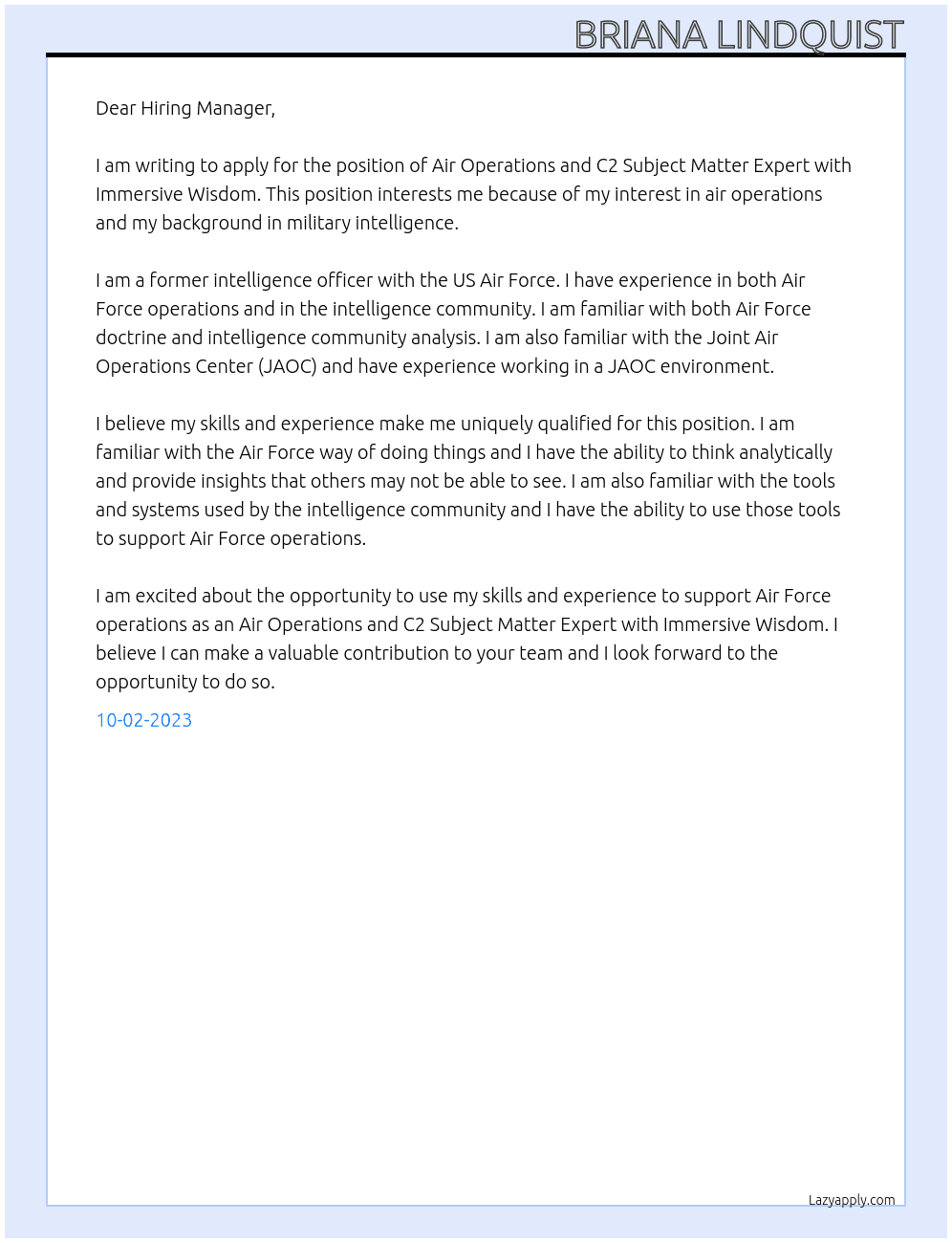 Air Operations and C2 Subject Matter Expert At Immersive Wisdom Cover Letter