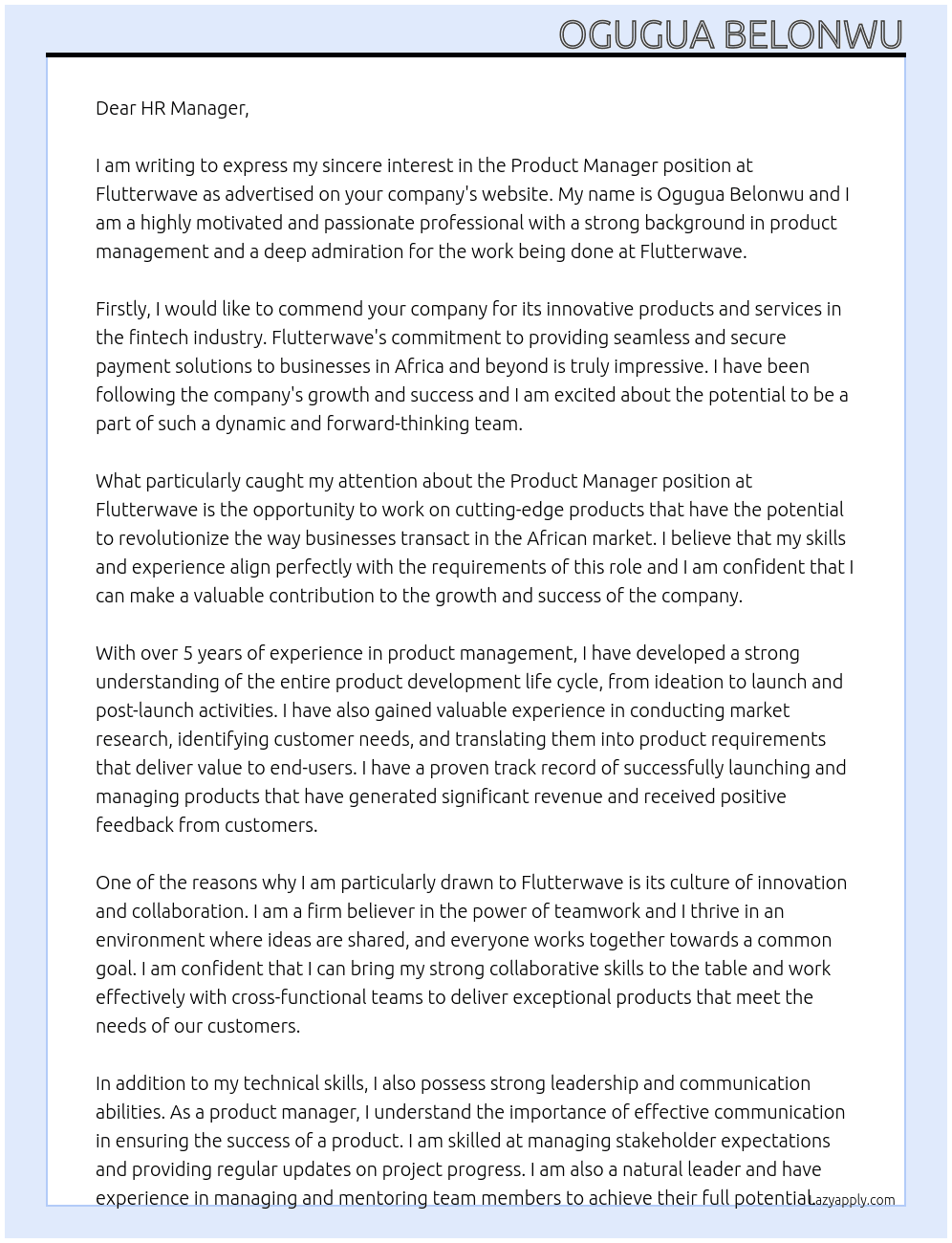 Product Manager At Flutterwave Cover Letter