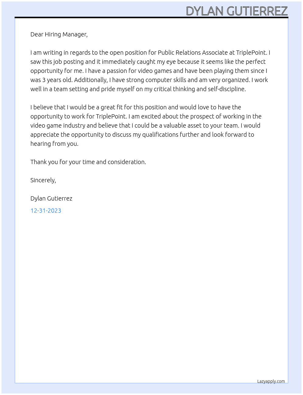 public relations associate   At TriplePoint Cover Letter