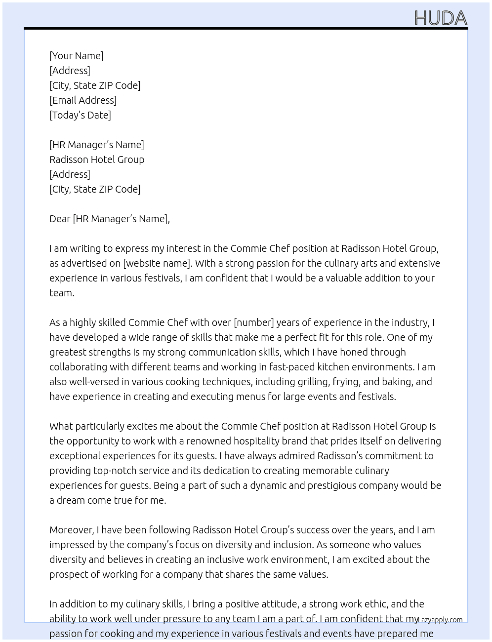 Commie chef At Radisson hotel group  Cover Letter