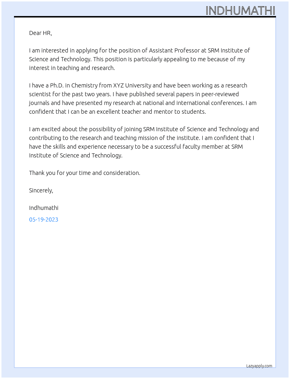 Assistant Professor At SRM Institute of Science and Technology Cover Letter