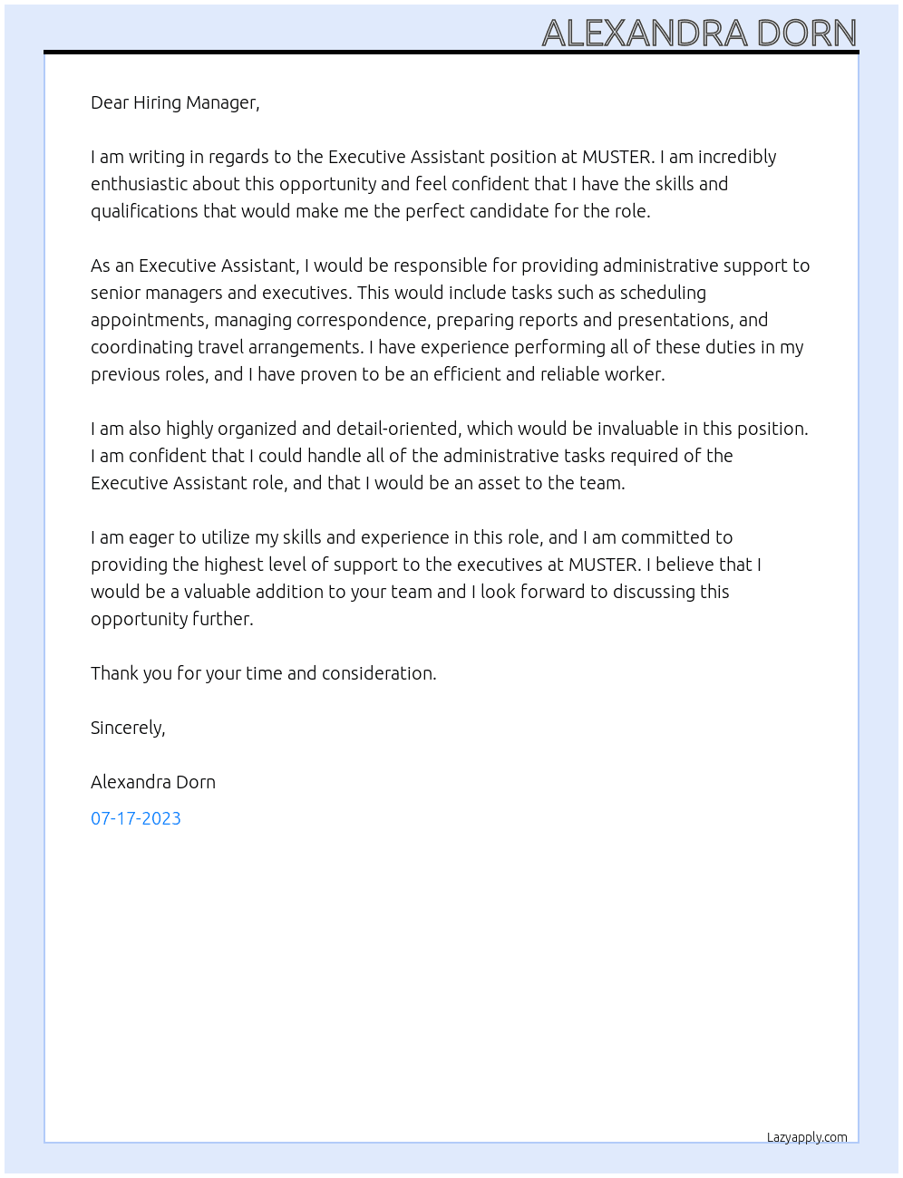 Executive Assistant At MUSTER Cover Letter