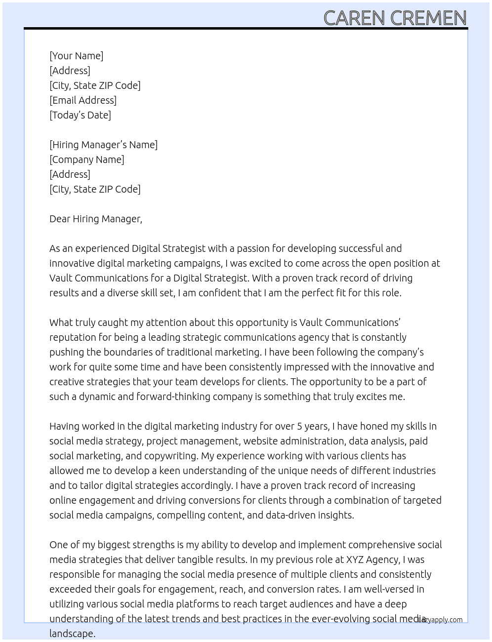 Digital Strategist At Vault Communications Cover Letter