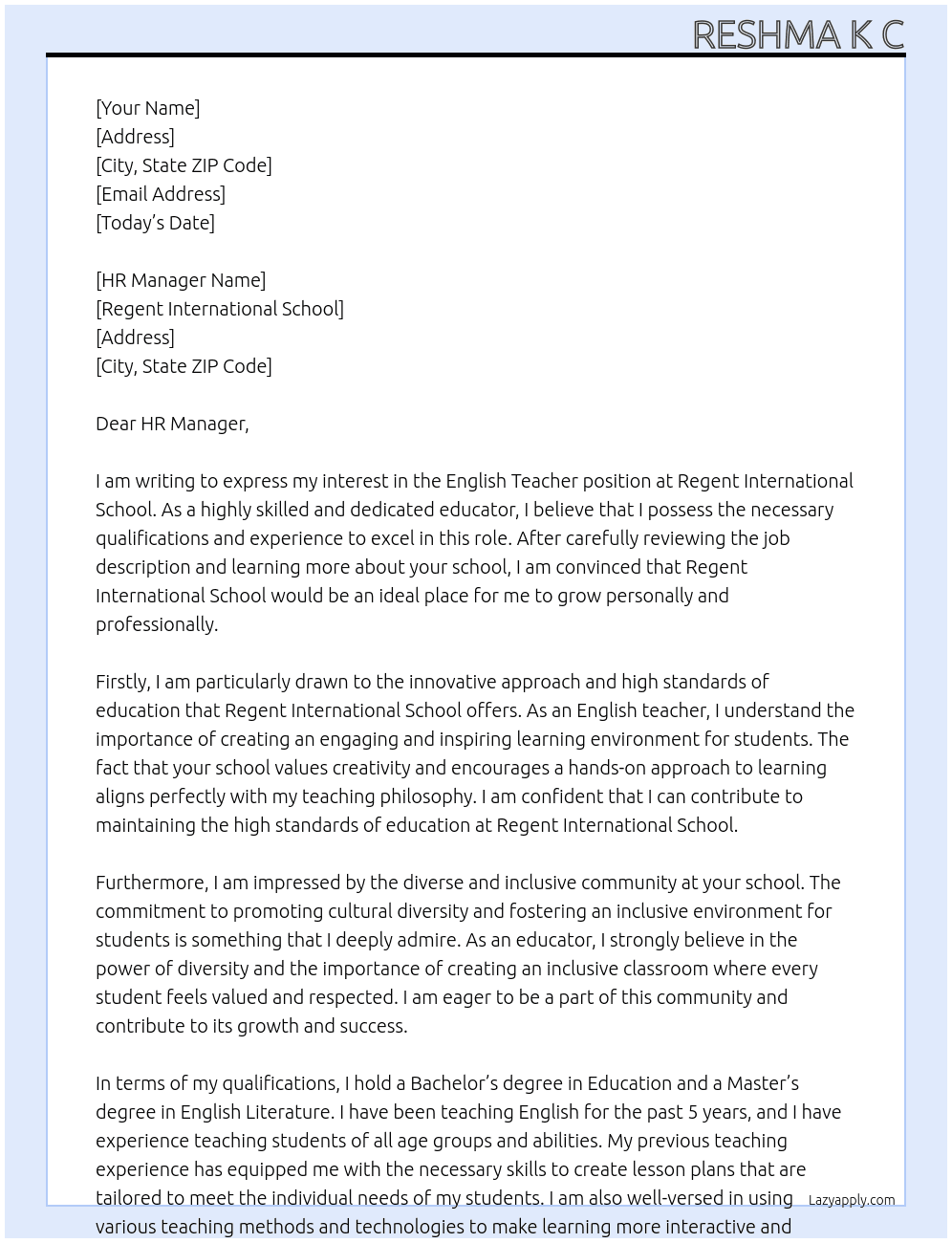English teacher  At Regent international school Cover Letter