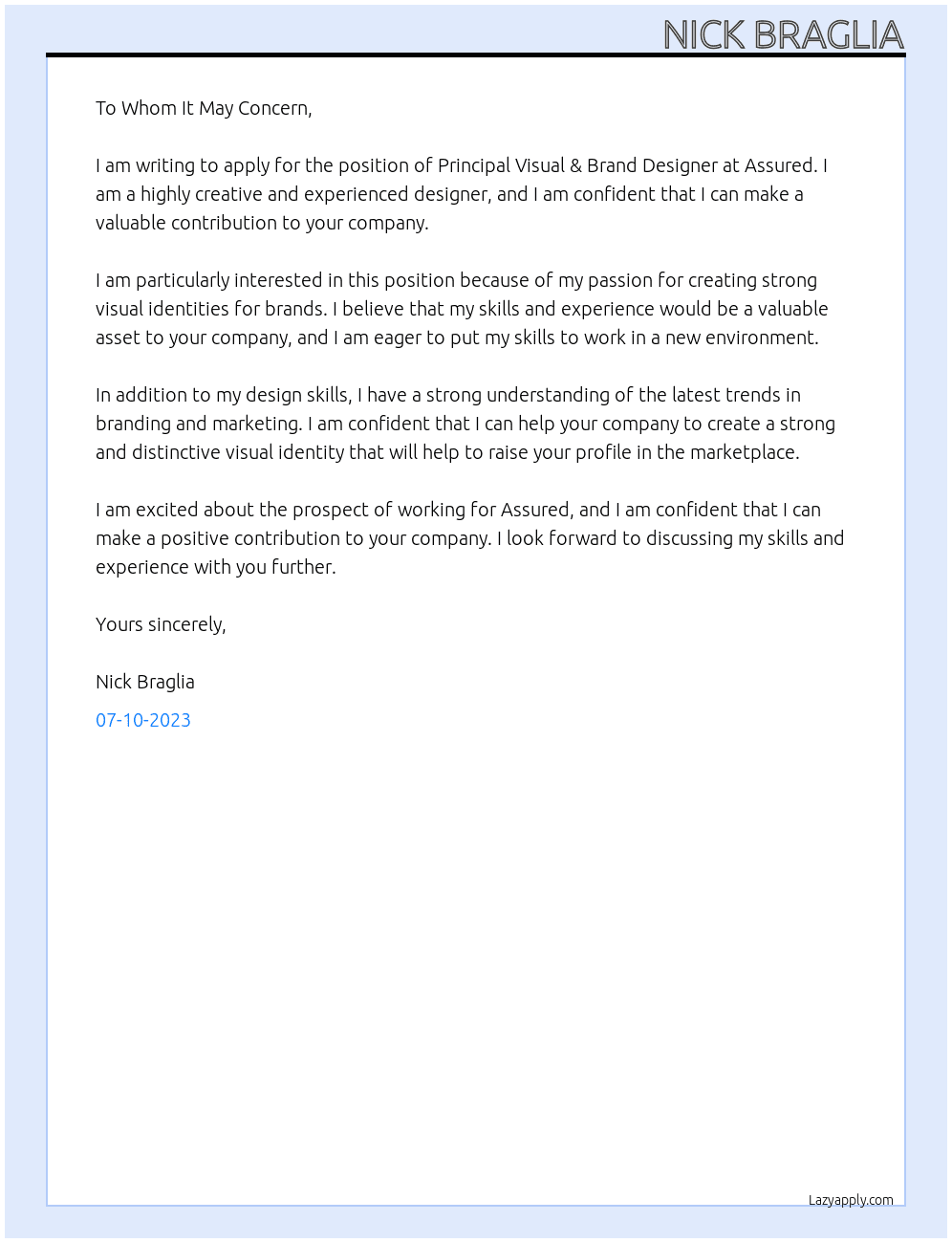 Principal Visual & Brand Designer At Assured Cover Letter