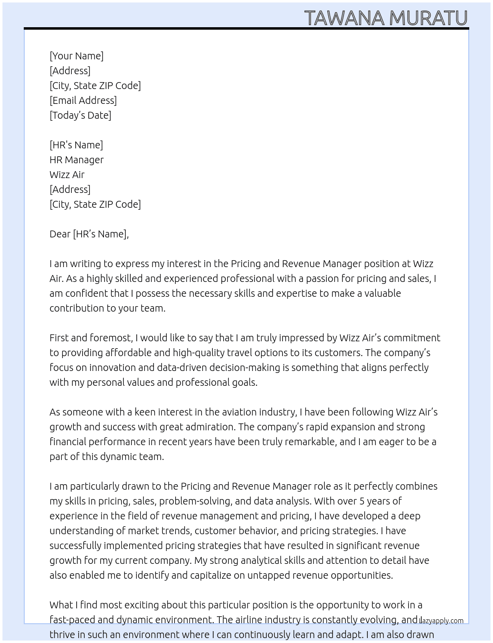 Pricing and Revenue Manager At Wizz Air  Cover Letter