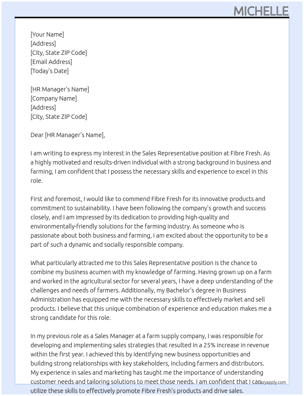 Sales Representative At Fibre Fresh Cover Letter