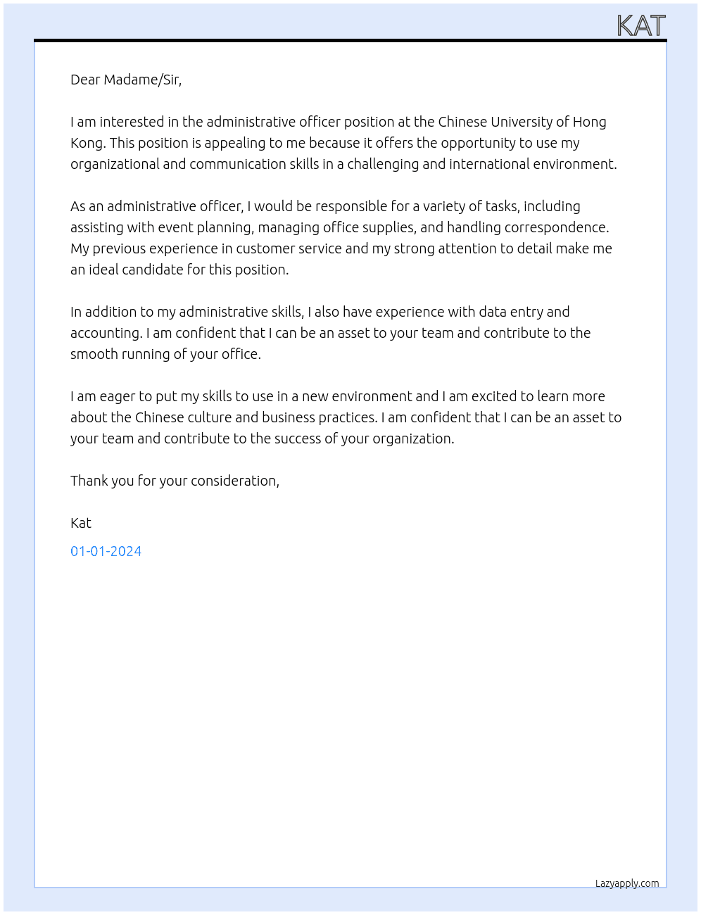 administrative officer At Chinese University of Hong Kong Cover Letter