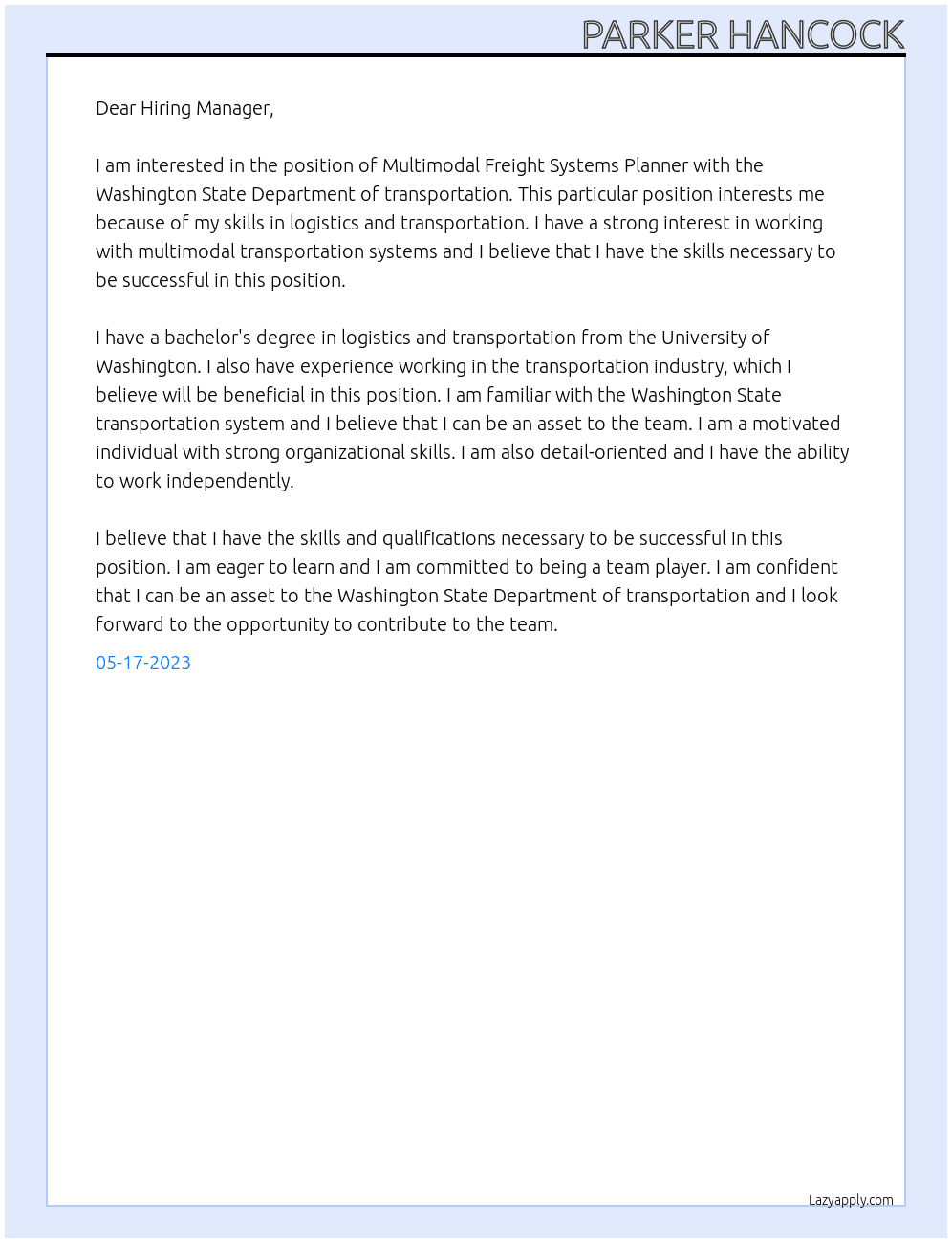 Multimodal Freight Systems Planner At Washington State Department of transportation Cover Letter