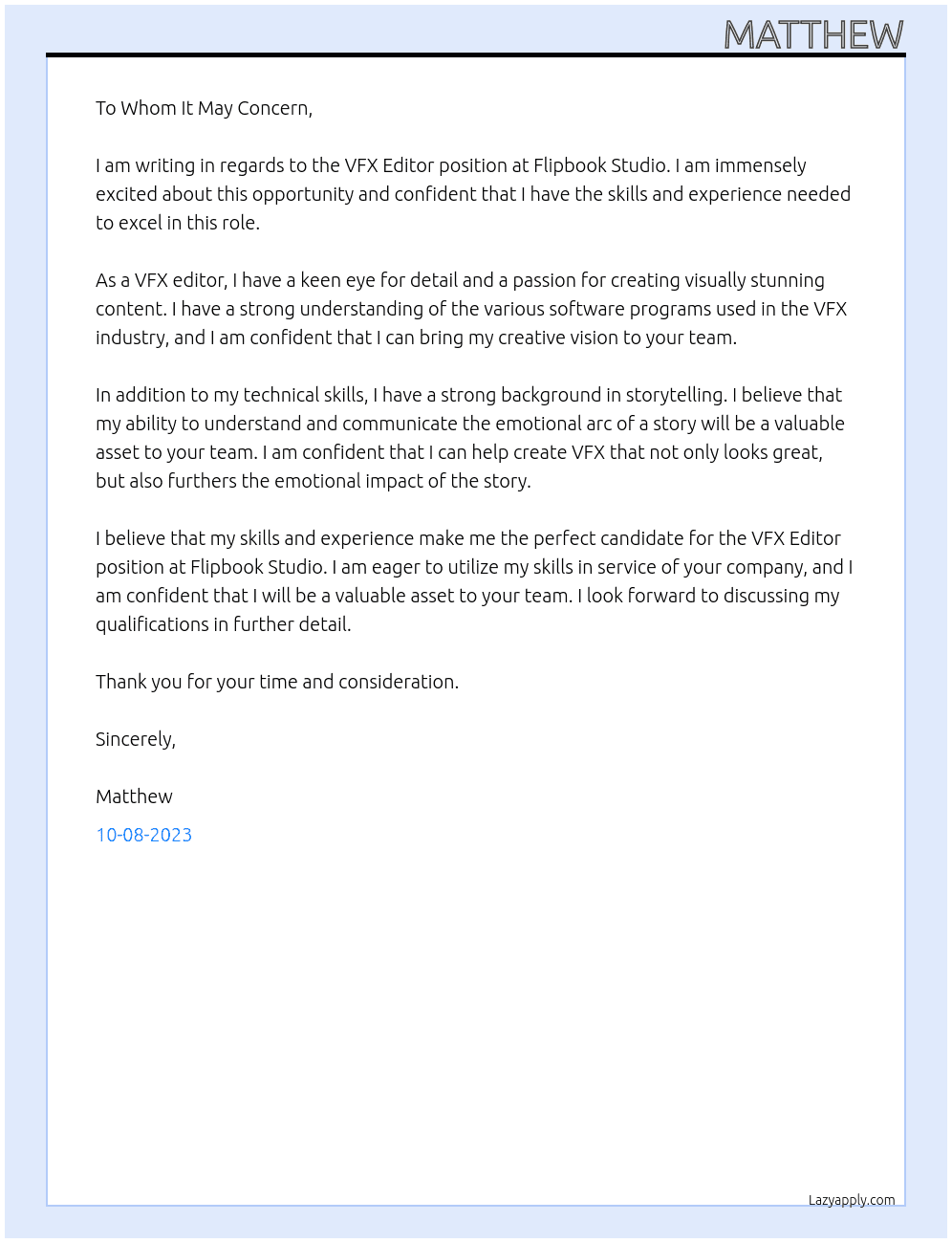VFX Editor At Flipbook Studio Cover Letter