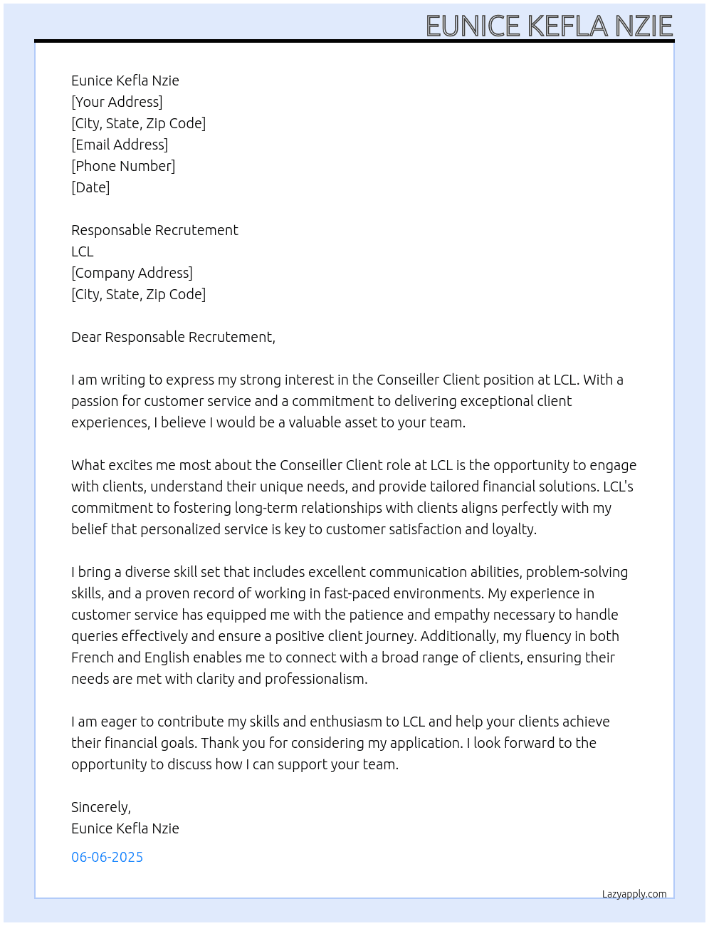 Conseiller client At LCL  Cover Letter