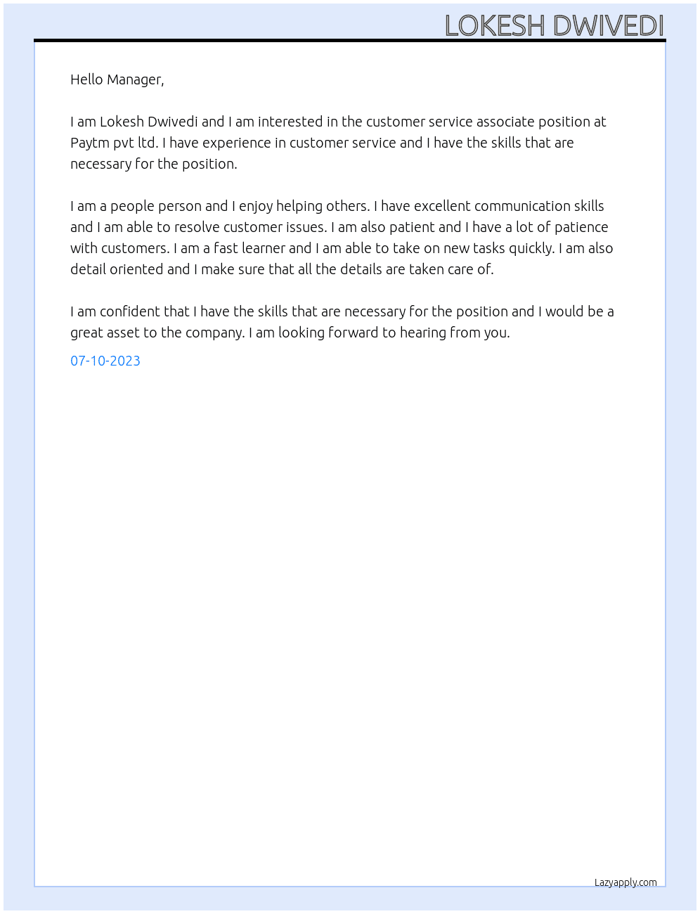 Customer service associate  At Paytm pvt ltd Cover Letter