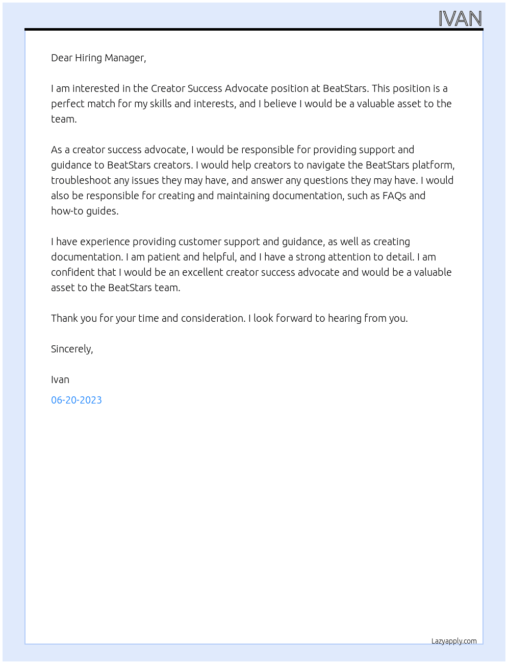 Creator Success Advocate At BeatStars Cover Letter