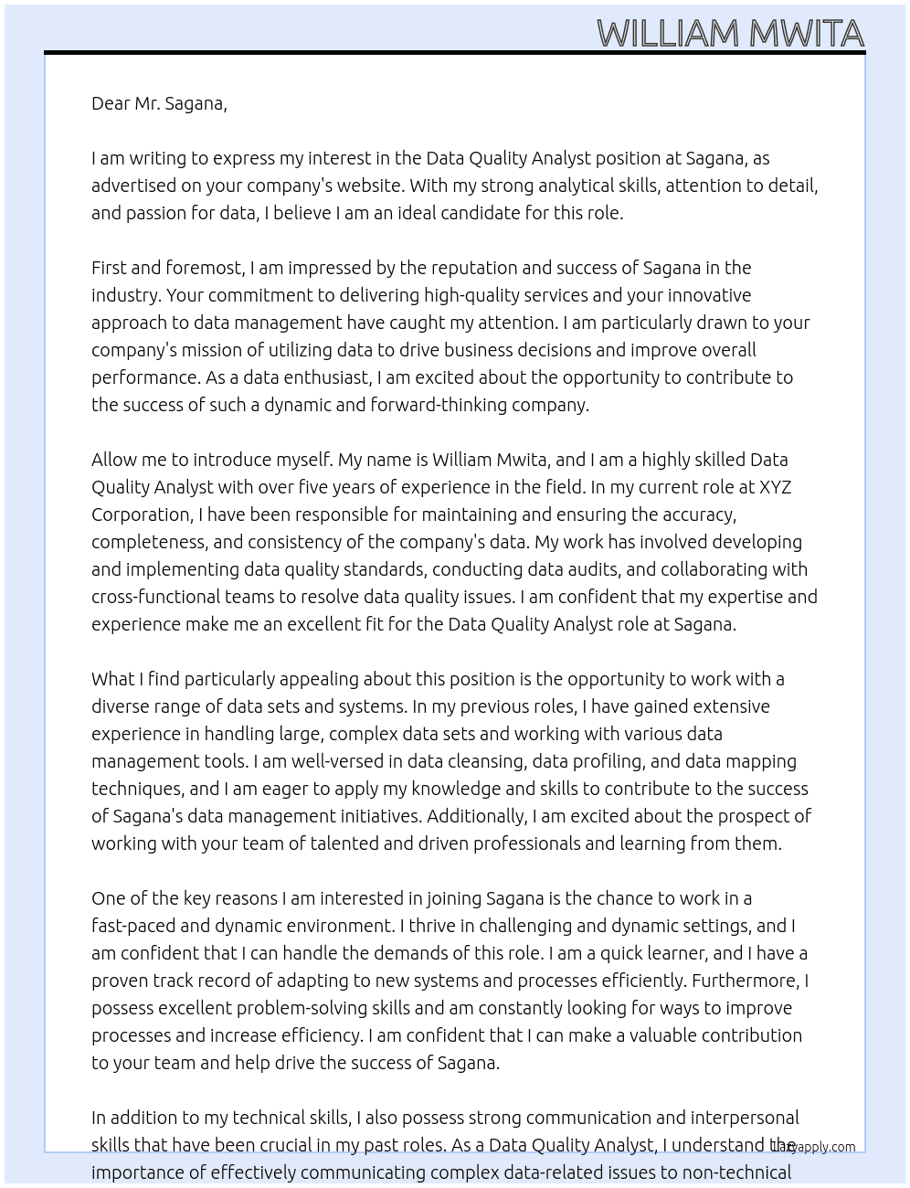 Data Quality Analyst  At Sagana Cover Letter