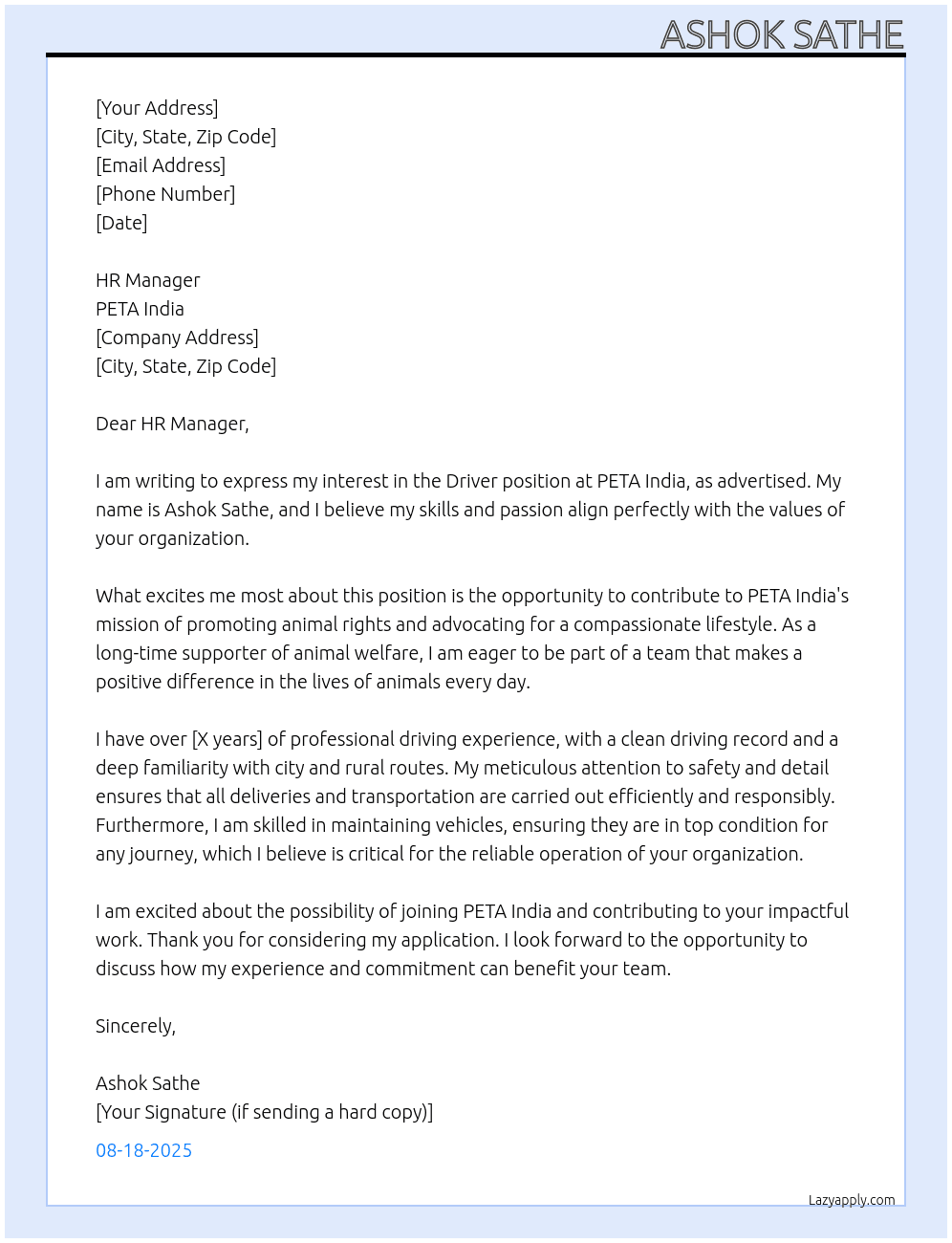Driver At PETA India Cover Letter