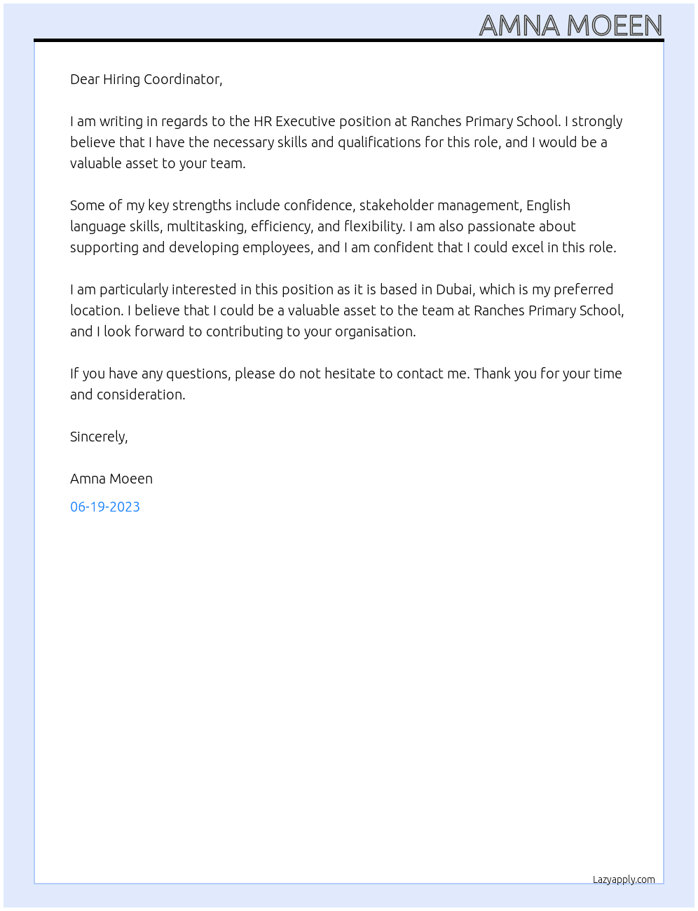 HR Executive At Ranches Primary School Cover Letter