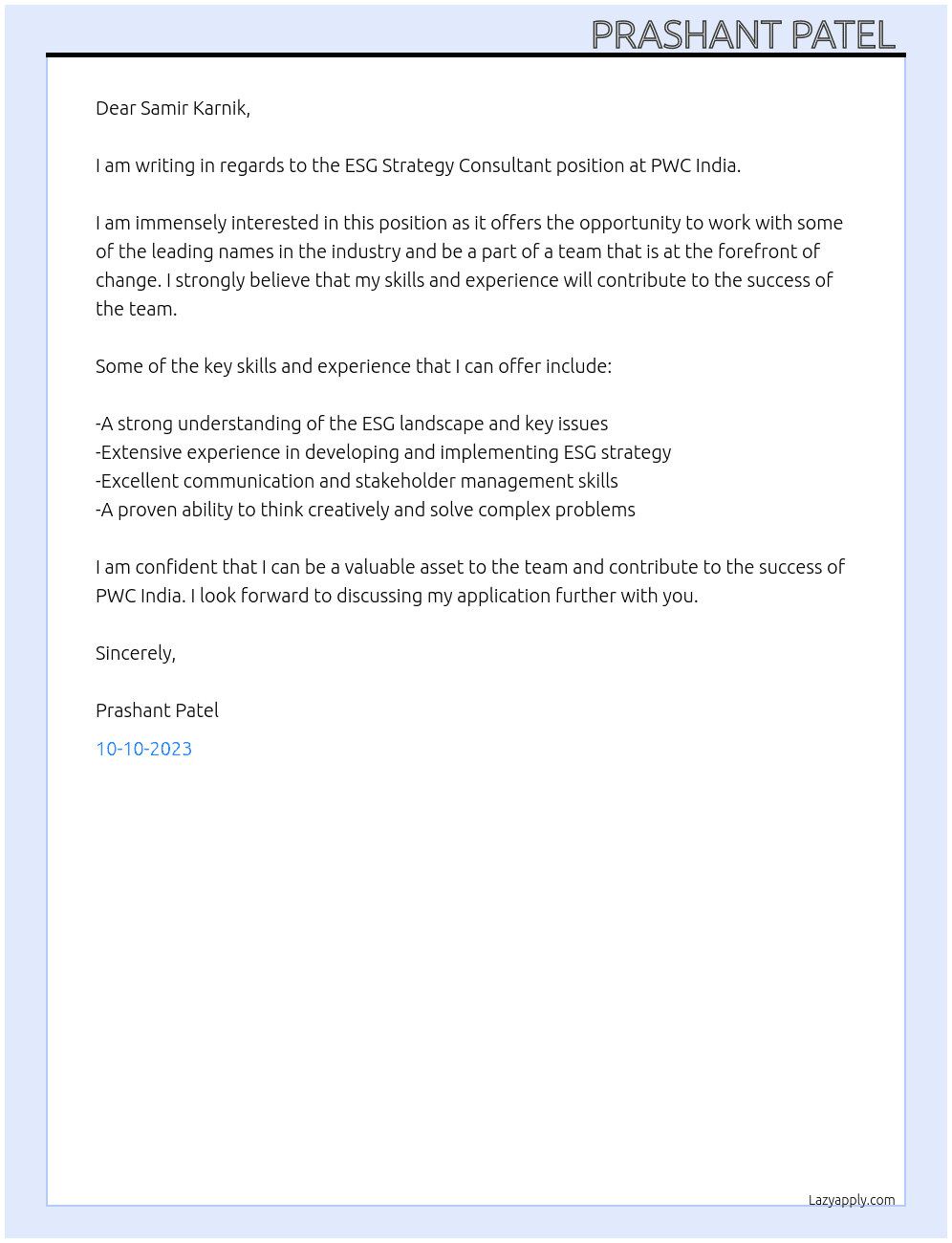 ESG Strategy Consultant  At PWC India Cover Letter