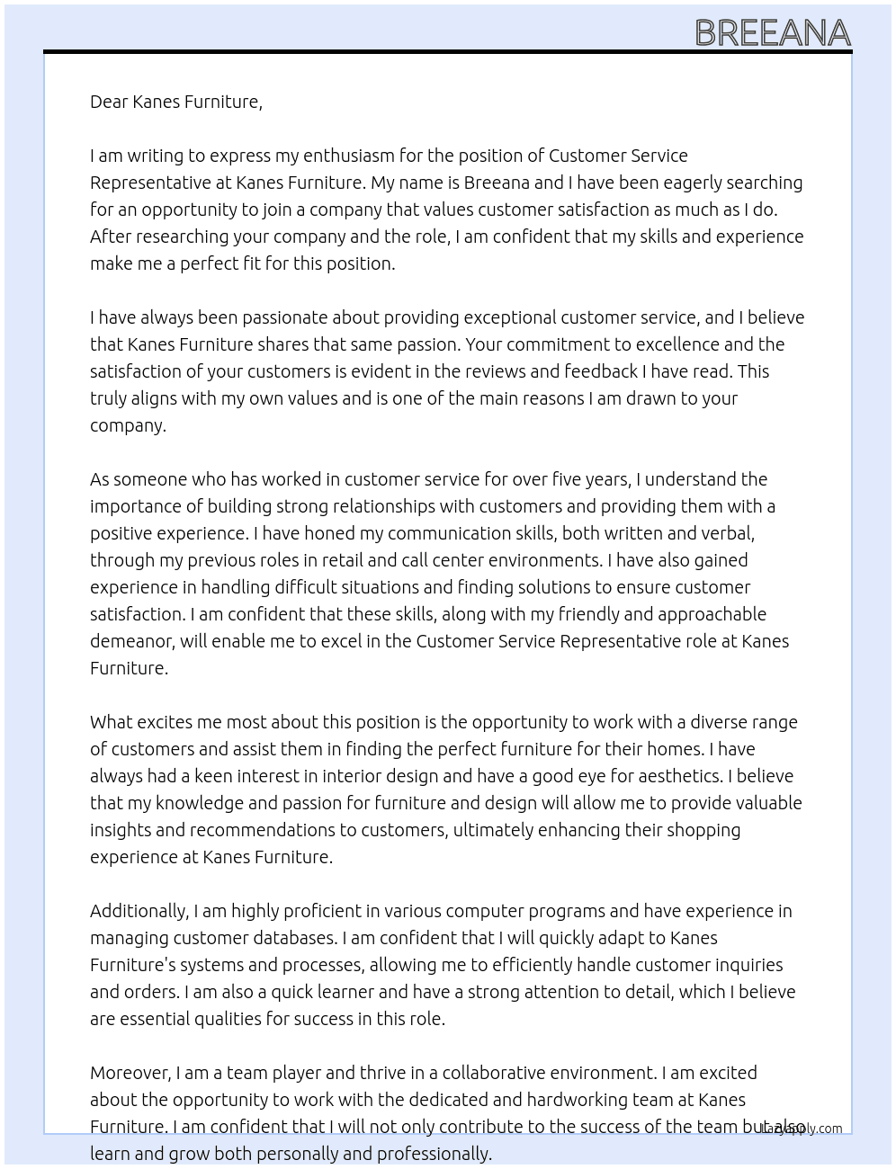 CUSTOMER SERVICE At KANES FURNITURE Cover Letter