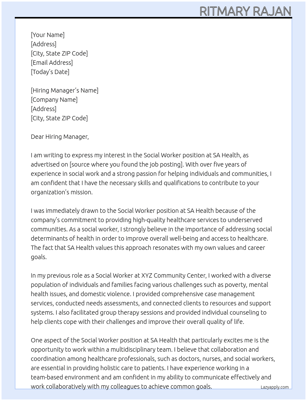 Social Worker At SA Health Cover Letter