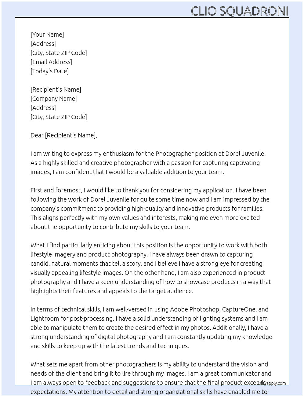 Photographer At Dorel Juvenile Cover Letter