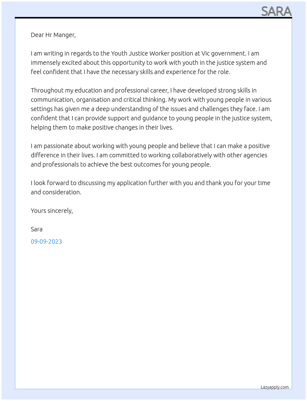 Youth Justice Worker At Vic government  Cover Letter
