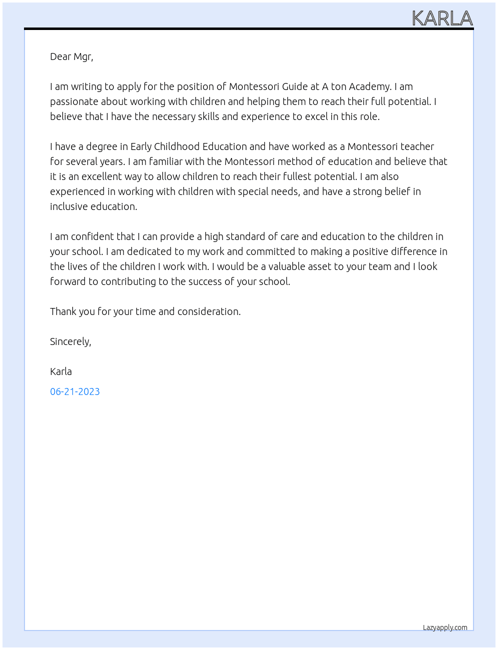 Montessori Guide At A ton Academy Cover Letter