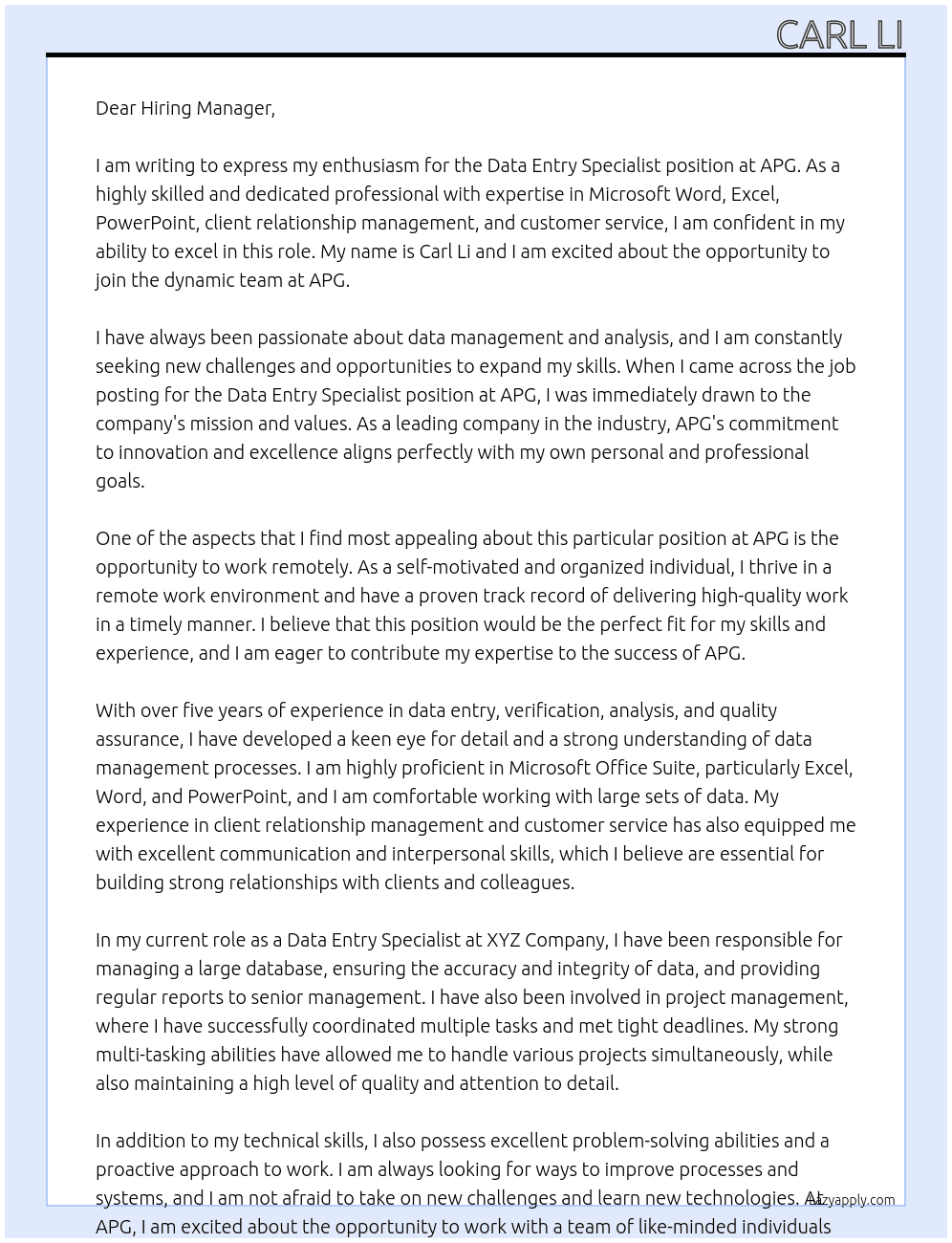 Data entry specialist At APG Cover Letter