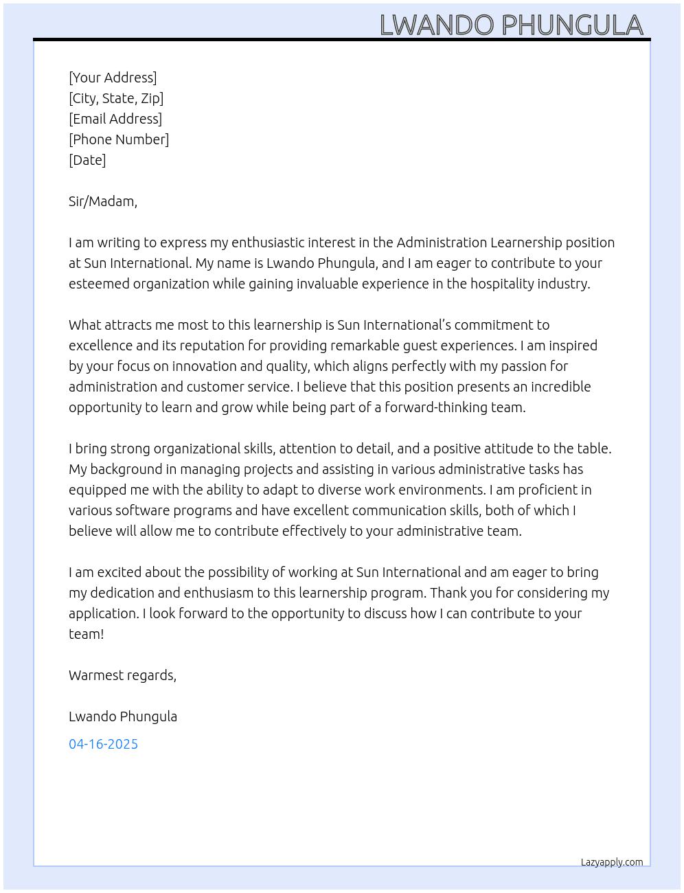 Administration learnership  At Sun International  Cover Letter