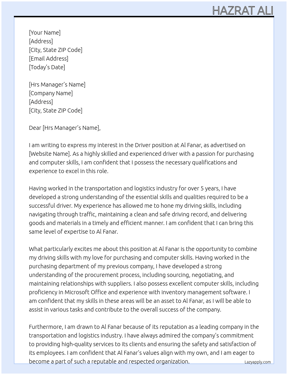 Driver At Al fanar Cover Letter