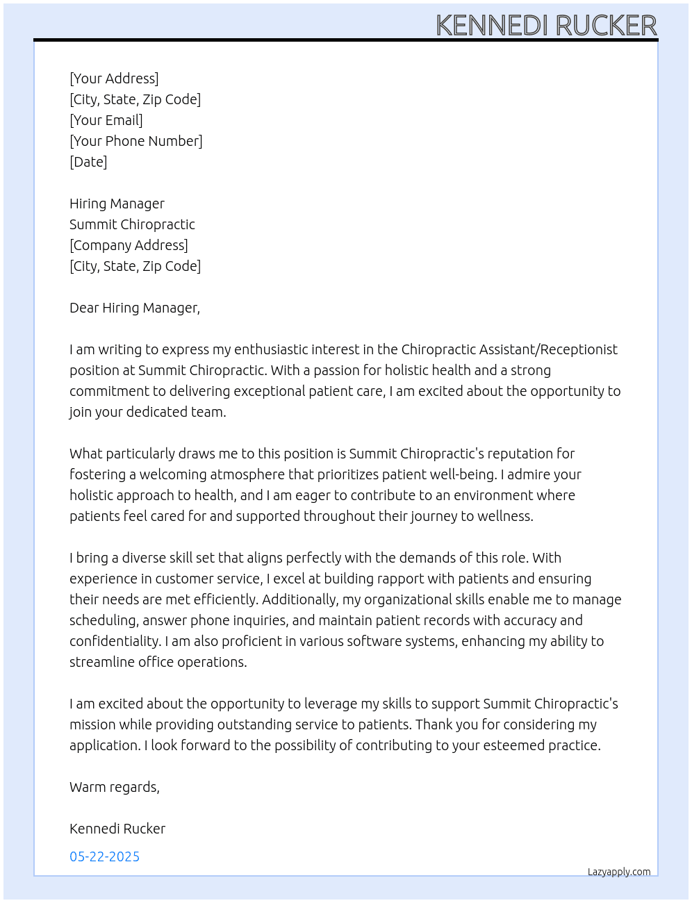 Chiropractic Assistant/Receptionist At Summit Chiropractic Cover Letter
