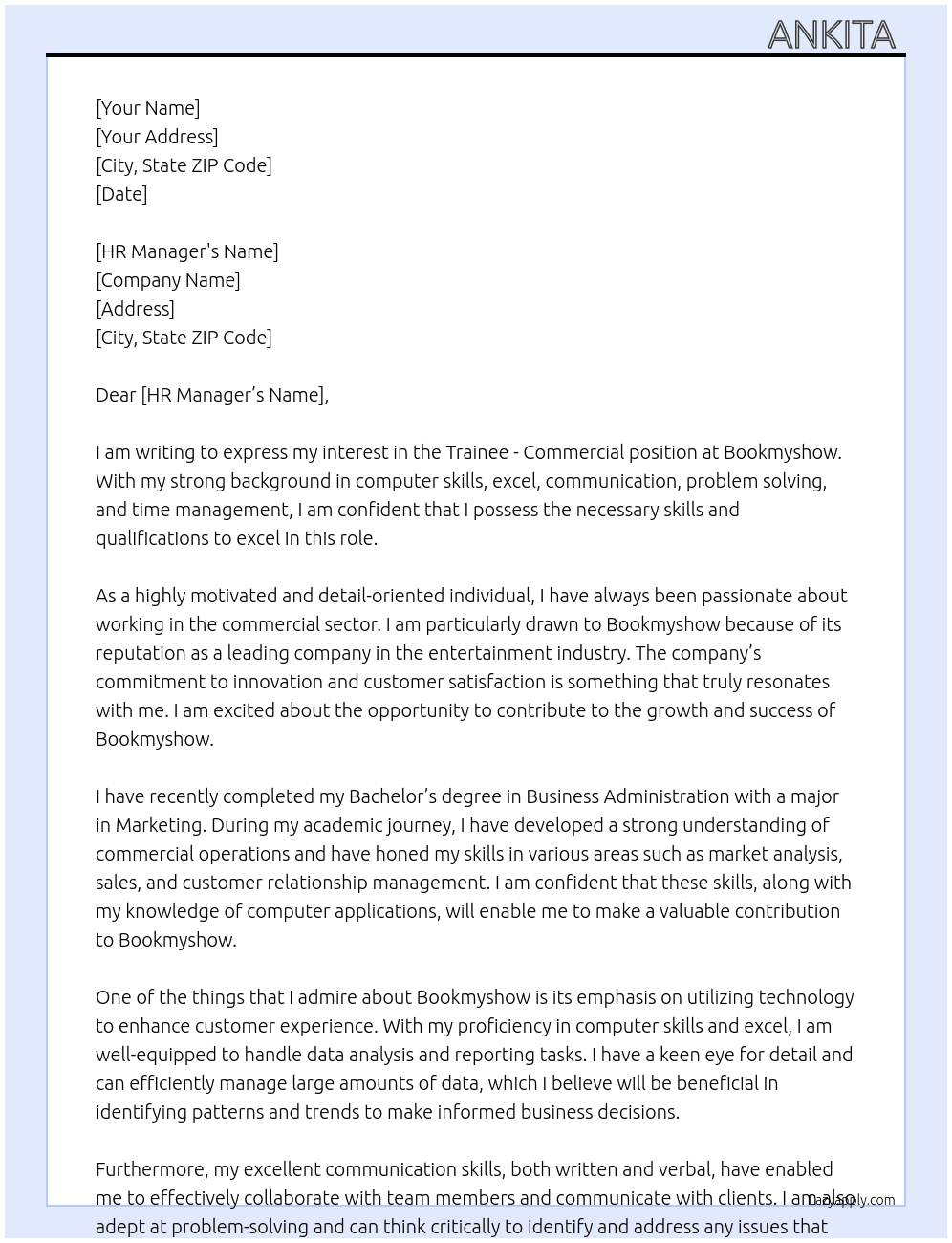 Trainee - Commercial At Bookmyshow  Cover Letter
