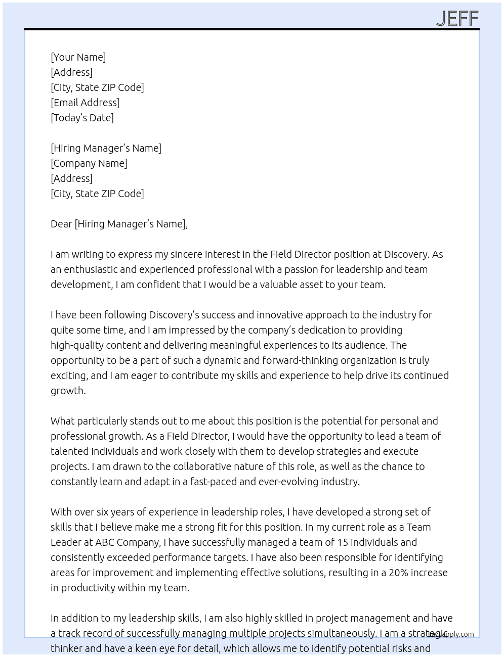 Field Director At Discovery Cover Letter