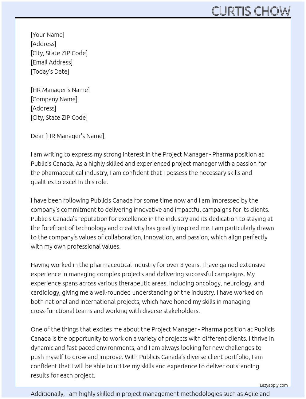 Project Manager - Pharma At Publicis Canada  Cover Letter