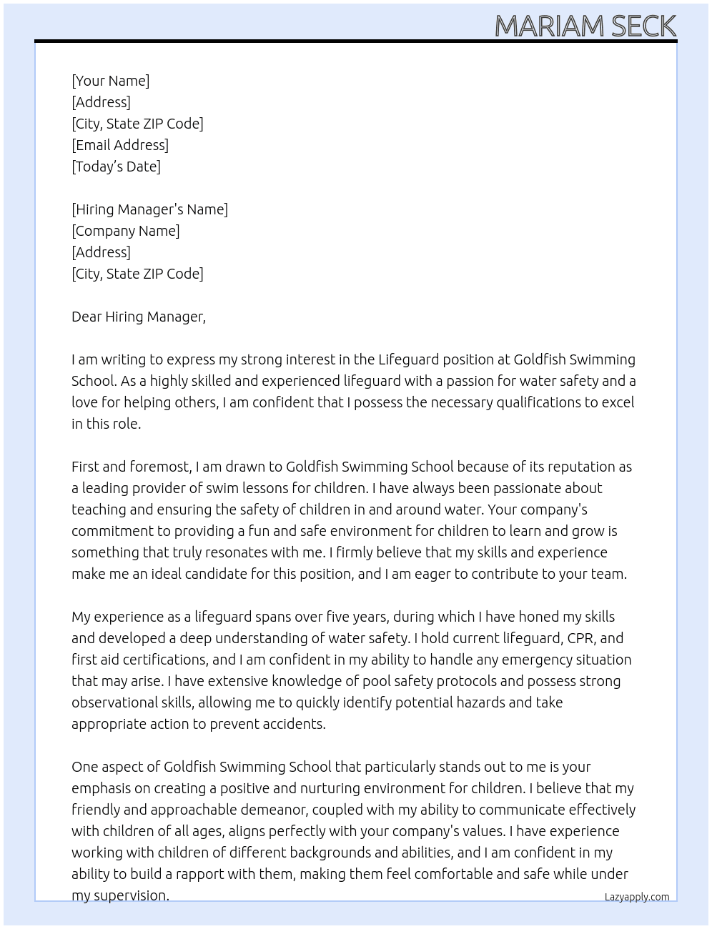 Lifeguard  At Goldfish Swimming School Cover Letter