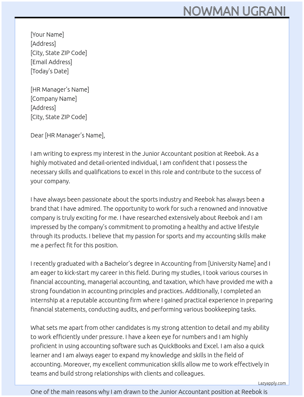 Junior accountant  At Reebok Cover Letter